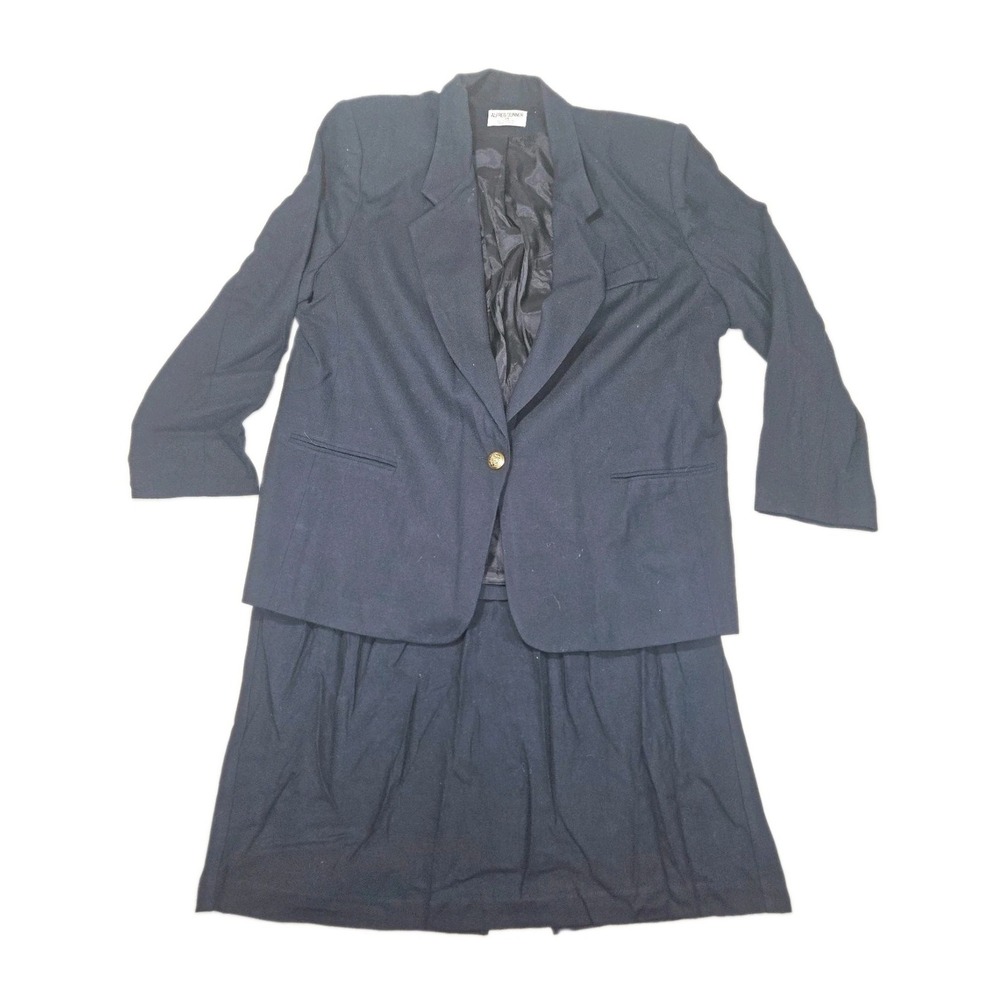 Vintage Alfred Dunner 20 100% Wool Crepe Skirt Suit Set Navy Blue Made in USA